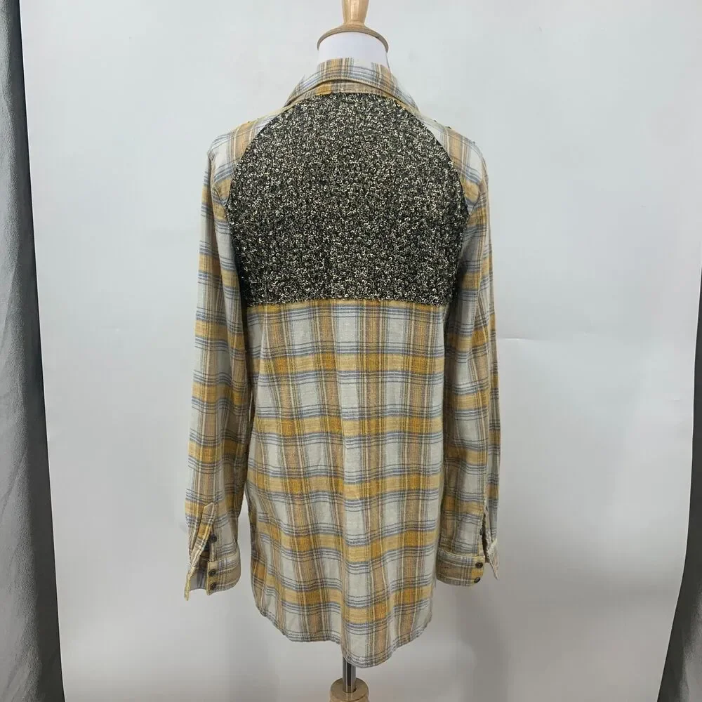 Free People Little Bit of Sugar Shirt Womens S Plaid Flannel Sequin Mesh Panel